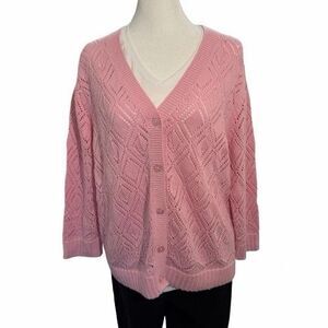 National NWT Pink Pointelle Knit Cardigan Sweater 100% Cotton Diamond Pattern